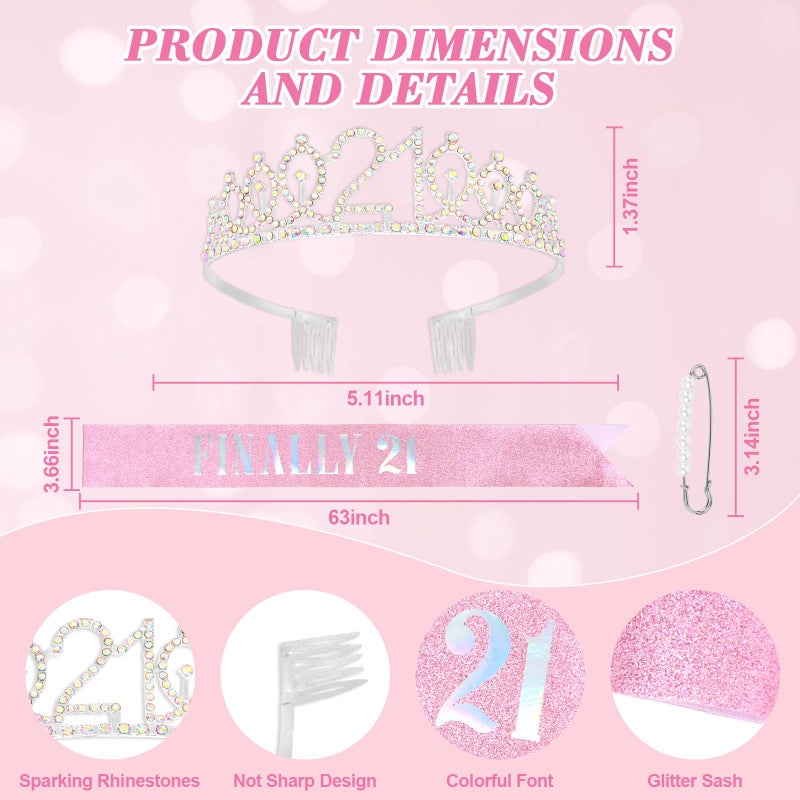 CAVETEE Birthday Headband for women, 21st Birthday Decorations Finally 21 Sash and Crown for 21st Party (Silver&Pink, Onesize) - Image 3